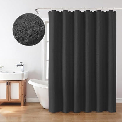Inhousolu Fabric Shower Curtain Waffle Weave, 230 GSM Heavy Duty, Weighted Hem, 14 Metal Hooks, Water Repellent, Machine Washable, Hotel Spa Luxury Bath Curtain Set, 72 x 72 Inch, Black