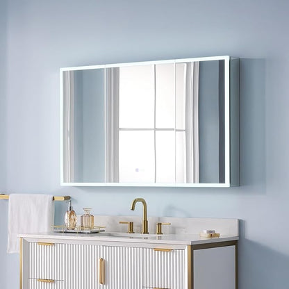 WELLFOR 48" X 30" LED Medicine Cabinet with Mirror, 3X Magnifiying Mirror Cabinet, Defogging/Dimmable Bathroom Mirrored Cabinet, Lighted Medicine Cabinet with Outlets & USB Ports, Three Doors