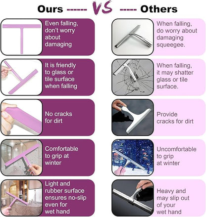 Shower Squeegee with Silicone Hook, 11" Inch Width All Purpose Squeegee Wiper for Shower Glass Doors Bathroom Mirror Tiles Car Window Cleaner Tool - Pink