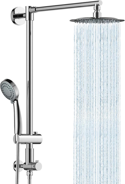 Fennocasa Polaris 1 Rain Shower System, includes 8” Rainfall Shower Head with High Pressure Handheld Combo, 3-Setting Handheld Spray, Height Adjustable Spray Holder, 60” Hose (Chrome)