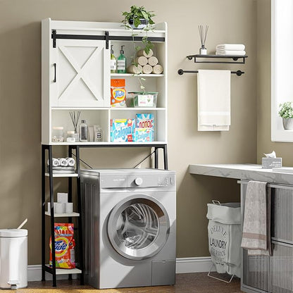 Vabches Over The Toilet Storage Cabinet, Farmhouse Storage Cabinet Over Toilet with Sliding Door & Toilet Paper Holder Stand, Home Space-Saving Toilet Rack for Bathroom, Restroom