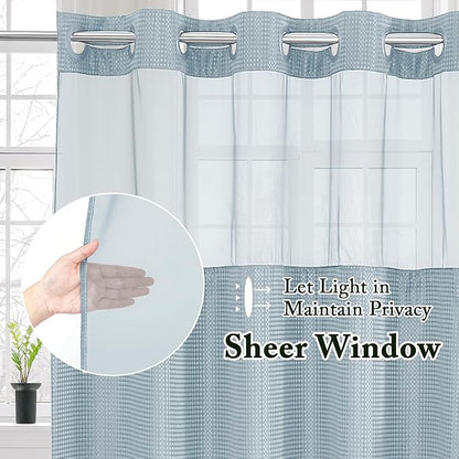 Gibelle Long Shower Curtain 72x80, Waffle Weave Bathroom Shower Curtain with Snap-in Fabric Liner Set, No Hooks Needed, Hotel Style with Mesh Top Window, Fog Blue