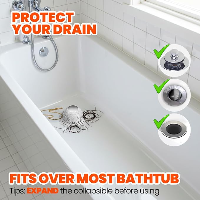 Shower Drain Hair Catcher - Bathtub Drain Cover Foldable Silicone，Shower Drain Protector for Pop-Up and Regular Drains of Shower,Tub, Bathroom, Sink,Grey