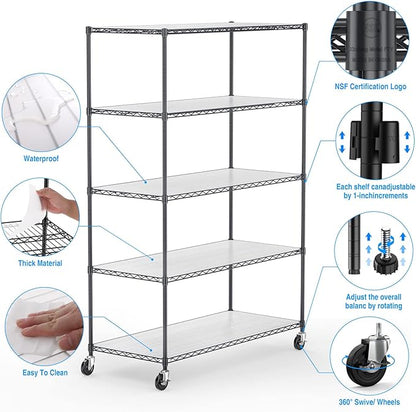 Wire Shelving Unit 5 Tier NSF Metal Shelf,6000lbs Capacity Heavy Duty Adjustable Storage Rack with Wheels & Shelf Liners for Commercial Grade Utility Steel Storage Rack, 82" H x 48" L x 24" D - Black