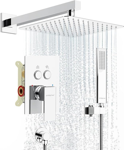 Shower System Shower Faucet Set with Push-Button Diverter and Wall Supply Elbow 10 Inch Shower Head Polished Chrome