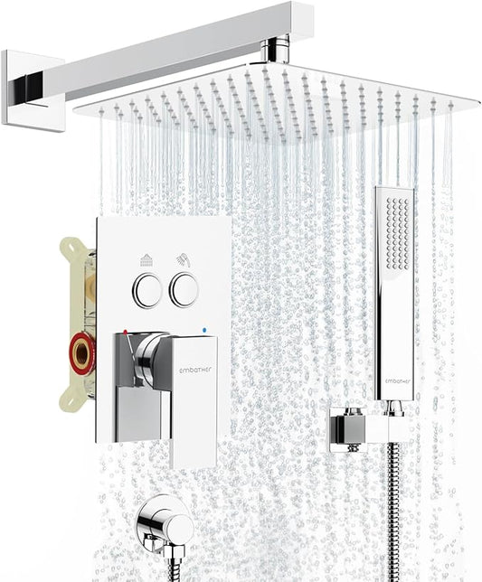 Shower System Shower Faucet Set with Push-Button Diverter and Wall Supply Elbow 10 Inch Shower Head Polished Chrome