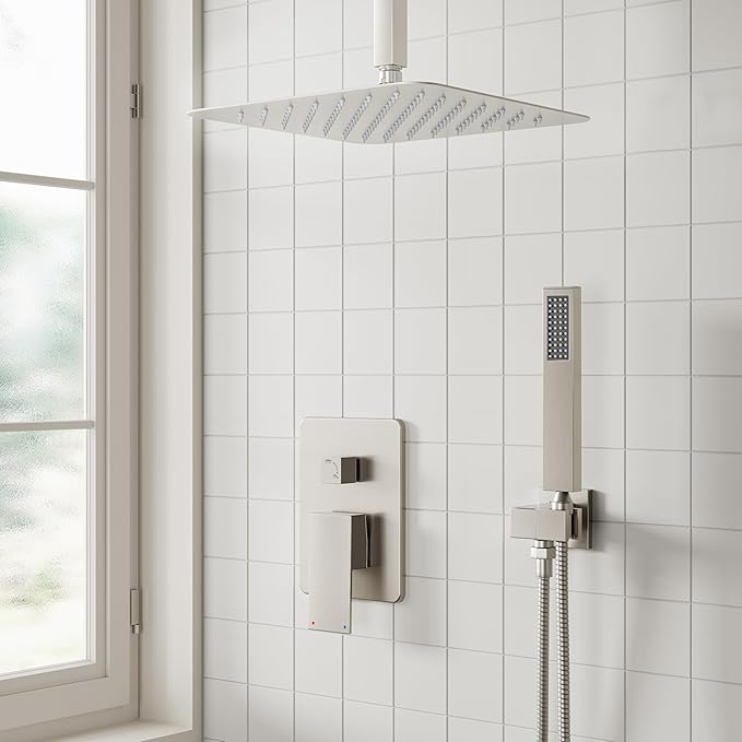 ESNBIA Ceiling Shower System, All Metal Shower Faucet set with Pressure Balance Valve,10 Inches Rain Shower Head with Handheld Spray Combo, Brushed Nickel
