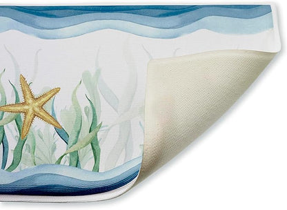Stupell Industries Bayside Sea Life & Waves Plush Bathroom Mat & Bath Rug, Soft Quick-Dry Non-Slip Bathroom Rug with Recycled Foam Cushion, Coastal Ocean Marine Life Design by Kim Allen, 18"x30"
