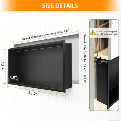 WICHEMI Stainless Steel Shower Niche 24" X 12", No Tile Needed Wall Niche with LED Light, Recessed Shower Shelf for Bathroom Storage Over Mount Installation, Matte Black