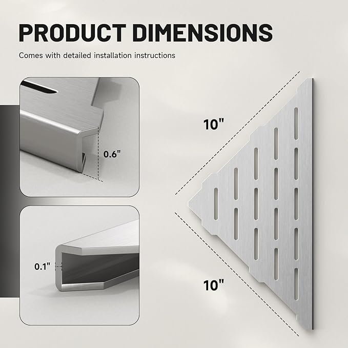 Corner Shower Shelves 10" Brushed Nickel, 2 Pack 304 Stainless Steel Shower Corner Shelf Recessed Slot Design, Wall Mount Triangle Shower Caddy for Bathroom, Kitchen Organization
