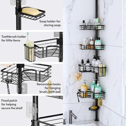 SWTYMIKI Shower Caddy Tension Pole - 4-Tier Corner Shower Organizer Tension Rod with Soap Holder, Toothbrush Holder & 4 Hooks, Adjustable Stainless Steel Bathroom Organizer 27.6 to 108.3 inch, Black