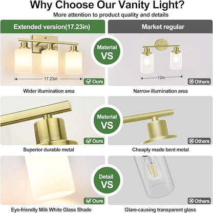 3-Light Bathroom Light Fixtures, Aged Brass Vanity Light with Milky White Shades, Bathroom Lighting Fixtures Over Mirror, Modern Bathroom Wall Lamp for Mirror Living Room Cabinet Bedroom