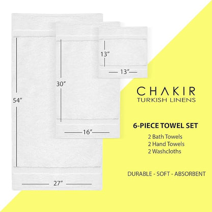 Chakir Turkish Linens Luxury Spa and Hotel Quality Premium Turkish Cotton 6-Piece Towel Set (2 x Bath Towels, 2 x Hand Towels, 2 x Washcloths)