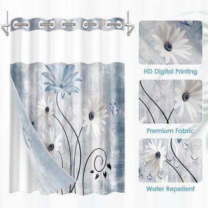 No Hook Rustic Farmhouse Shower Curtain with Snap in Fabric Liner Set, Blue Daisy Flowers and Butterfly on Country Wooden Double Layers Waterproof with See Through Top Bath Curtain 71x74 Inch