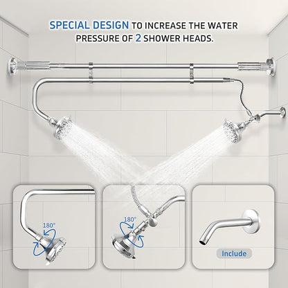 Tandem Shower Heads, Double Shower Head for Couples, Dual Shower Head System for Two People, High Pressure and Adjustable Double Shower Heads (Silver)