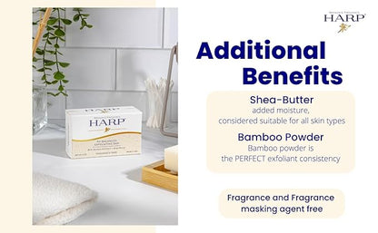 HARP pH-Balanced (5.0-6.0) Exfoliating Body Wash Bar - FRAGRANCE FREE. Bamboo Powder Exfoliation -the perfect consistency. Soap/Lye/Preservative/Dye/Masking agent-Free. Non-comedogenic. 5oz