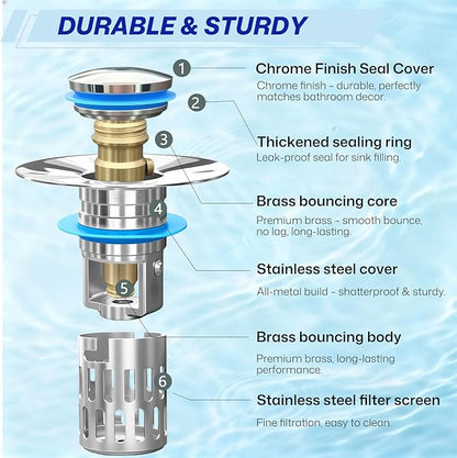 Upgraded Bathroom Sink Drain Strainer, Universal Stainless Steel Sink Stopper with Filter Basket Hair Catcher, Sink Plug for 1.05-2.0" Basin, Brass Bullet Core, Chrome