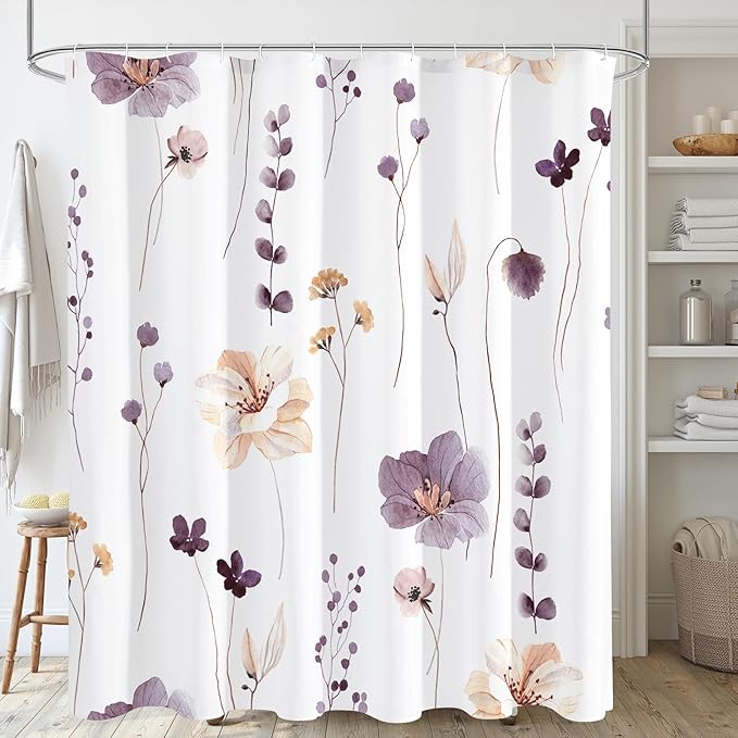 Gibelle Long Shower Curtain 72 x 78, Watercolor Floral Fabric Shower Curtain, Plum Beige Flower Decorative Bathroom Shower Curtain Set