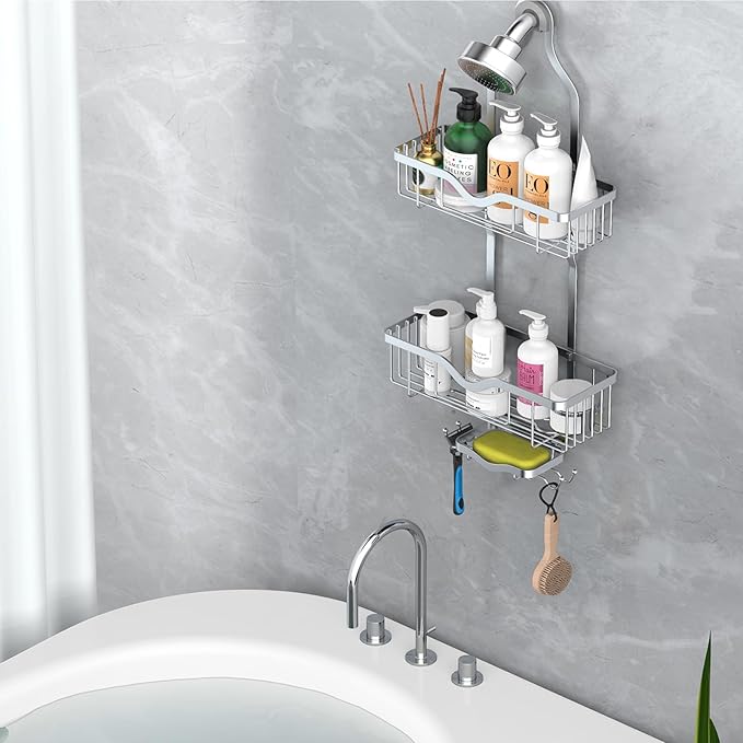 Kadolina Shower Caddy Hanging, Bathroom Shower Rack, Bathroom Organizer with Soap Dish, Over The Showerhead Caddy with Hooks for Razor/Sponge, Bright Silver (Assembly Required)
