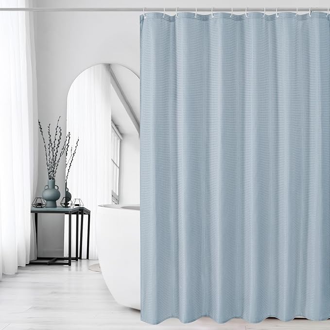 Gibelle Extra Long Shower Curtain 72 x 84, Tall Waffle Weave Textured Fabric Shower Curtain for Bathroom, Water Repellent, Machine Washable, Fog Blue