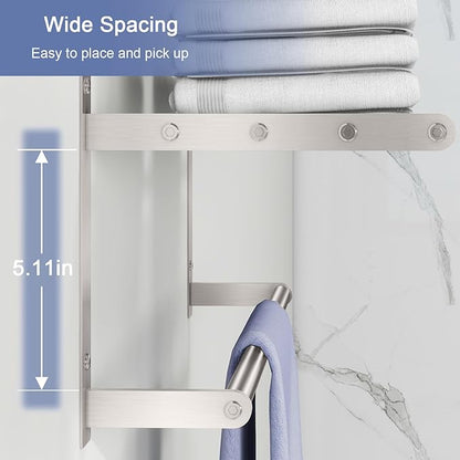 Towel Rack with Shelf 16", Metal Towel Racks for Bathroom Wall Mounted, Bathroom Shelf with Towel Bar Rustproof Bath Towel Holder Towel Rod Lavatory Bath Accessories - Brushed Nickel
