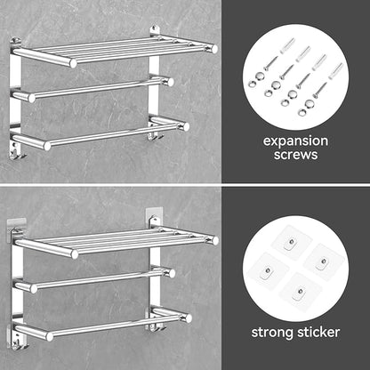 Adjustable Towel Bar for Bathroom Wall Mount17-30.7inch Adhesive Shower Towel Rack Stainless Steel Bath Towel Holders for Toilet Kitchen Double Towel Hanger (3-Layer Towel Rack)