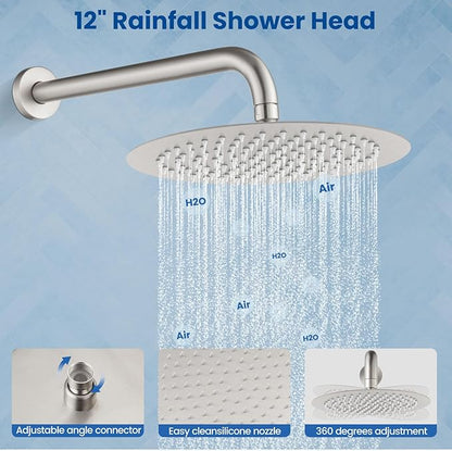 Airuida Shower Fixtures 2 Functions Shower Faucet Set Wall Mounted for Bathroom High Pressure Brass Handheld Shower with Rough-in Valve Round Rainfall 12 Inch Shower Head Brushed Nickel