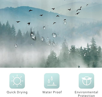 Riyidecor Green Mountain Shower Curtain 72Wx84H Inch Extra Long Nature Scenery Foggy Pine Tree Scenic Landscape Woodland Rustic Mens Bathroom Decor Fabric Polyester Waterproof 12 Pack Hooks