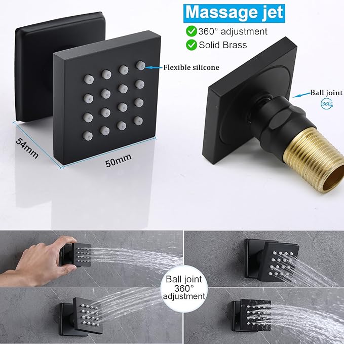 Enga Matte Black Rain Shower System with 4 Body Jets 12inch Wall Mount Rainfall Shower, All Metal Multi Shower Head System with Rough-in Valve