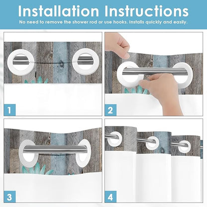 No Hook Rustic Farmhouse Shower Curtain with Snap in Fabric Liner Set, Teal Daisy Flowers and Butterfly on Wooden Double Layers Waterproof with See Through Top Bath Curtain 71x86 Inch