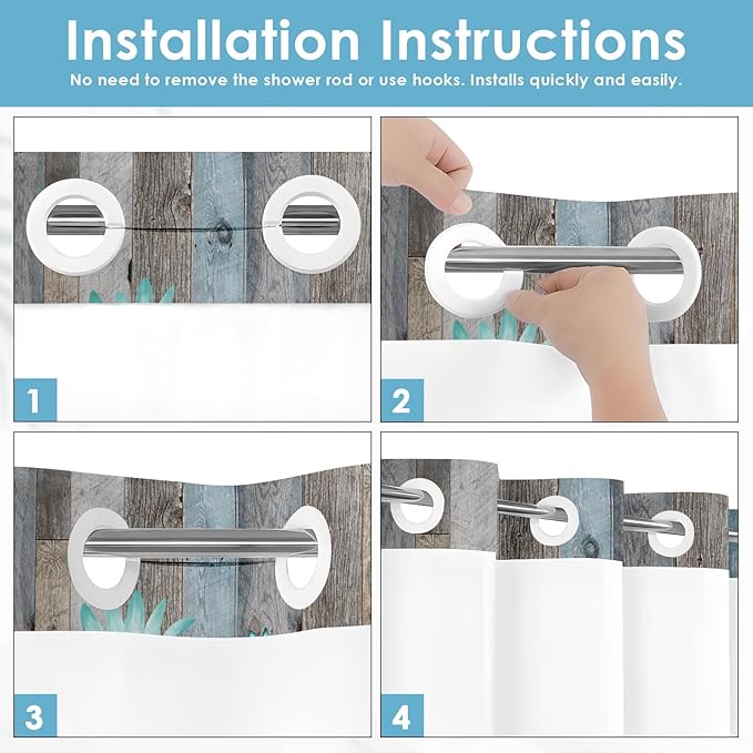 No Hook Rustic Farmhouse Shower Curtain with Snap in Fabric Liner Set, Teal Daisy Flowers and Butterfly on Wooden Double Layers Waterproof with See Through Top Bath Curtain 71x74 Inch