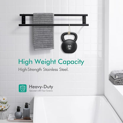 BAGNOLUX Double Towel Bar, SUS304 Towel Racks for Bathroom Wall Mounted 2-Tiers Ladder Towel Rails, Space Saving Bathroom Towel Holder Shelves Rack, Long Towel Hanger (24“-Round-Matte Black)