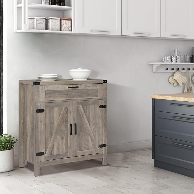 VINGLI Modern Farmhouse Sideboard Buffet Cabinet with Drawer, Storage Cabinet with Doors and Adjustable Shelves, Coffee Bar Station for Kitchen, Dining Room and Living Room, Ash Grey