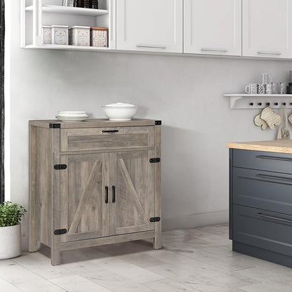 VINGLI Modern Farmhouse Sideboard Buffet Cabinet with Drawer, Storage Cabinet with Doors and Adjustable Shelves, Coffee Bar Station for Kitchen, Dining Room and Living Room, Ash Grey