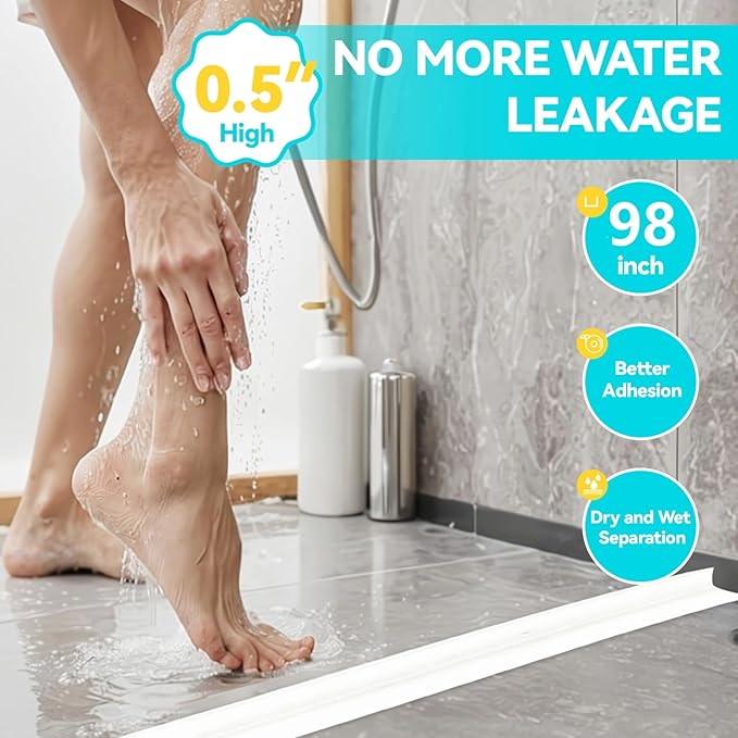 Shower Threshold Water Dam Barrier 98", Silicone Sealant Included, Collapsible Self-Adhesive Water Blocker, Shower Door Water Stopper for Floor Bathroom Kitchen Bathtub Sink
