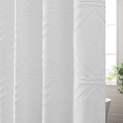 ROSERY No Hook Shower Curtain with Snap in Fabric Liner Set, Boho Farmhouse Jacquard Tufted Geometric Striped Shower Curtain for Bathroom with Tassel, Geometric Pattern, 71" W x 74" L