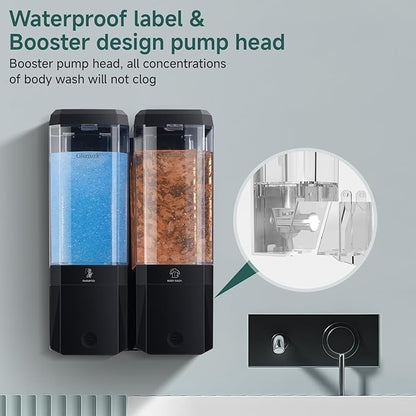Shampoo and Conditioner Dispenser Wall Mounted No Drill, Shower Soap Dispenser 2 Chamber Shampoo Conditioner Body Wash Refillable 2 * 17oz Shower Soap Dispenser for Bathroom Hotel, Black+Clear