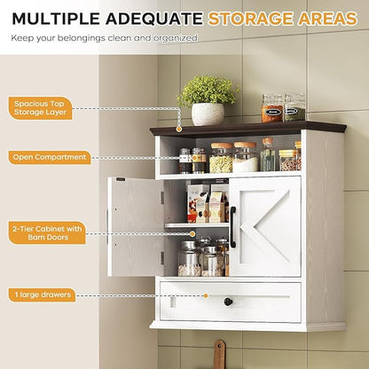 Bathroom Wall Cabinet, Wall Mounted Medicine Cabinet with Drawer, Barn Doors & Adjustable Shelf, 24.4"H x 23.6"W x 9"D White Over Toilet Farmhouse Storage Cabinet for Kitchen, Laundry Room, Entryway