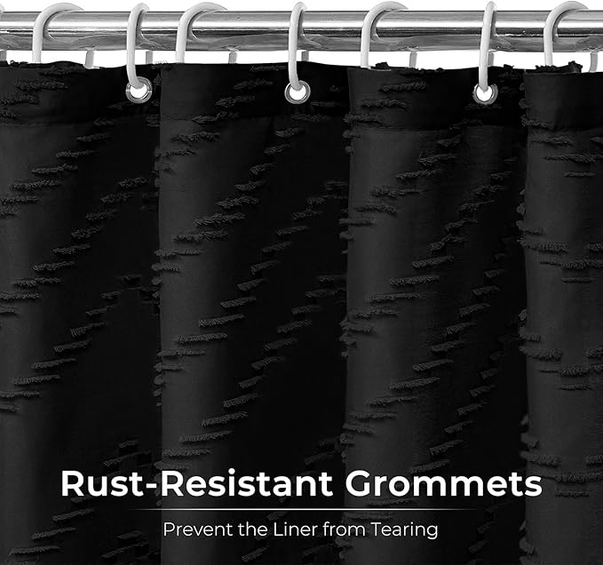 Extra Long Black Boho Shower Curtain 96 Inch Black Tufted Chevron Striped Fabric Shower Curtains for Bathroom Modern Shabby Chic Waterproof Cloth Shower Curtain Set with Hooks