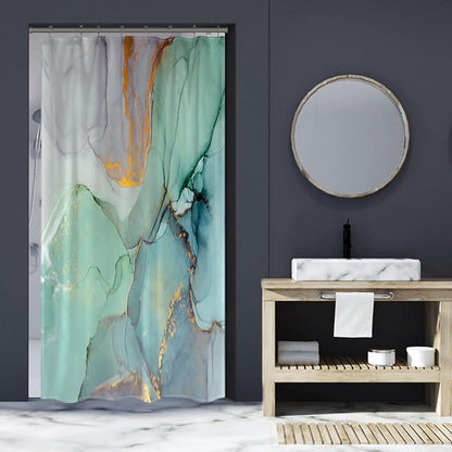 Gibelle Small Stall 36 x 72, Narrow Half Abstract Marble, Blue Green Purple Jade Texture Gold Stripes Ombre Ink Art Decor Waterproof Fabric Curtains for Bathroom