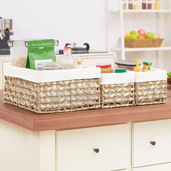 Vagusicc Wicker Basket, Set of 3 Hand-woven Water Hyacinth Storage Baskets for Organizing, Large Wicker Storage Basket Bins with Handles, Small Toilet Paper Storage Baskets for Shelves & Decor
