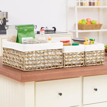 Vagusicc Wicker Basket, Set of 3 Hand-woven Water Hyacinth Storage Baskets for Organizing, Large Wicker Storage Basket Bins with Handles, Small Toilet Paper Storage Baskets for Shelves & Decor