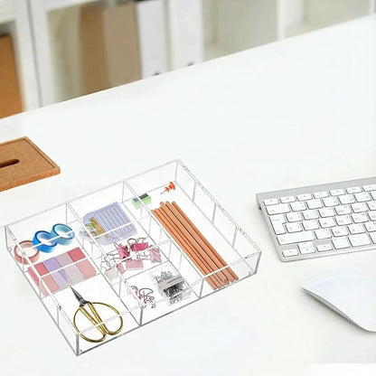 Acrylic Drawer Organizer Clear Desk Drawer Organizer Trays with Adjustable Compartments Desk Accessories for Office Stationery Makeup Silverware Bathroom (Non Expandable)