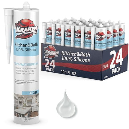 Kraken Bond Premium Kitchen and Bathroom Silicone Caulk Clear - (24x10.1 fl.oz) RTV Clear Silicone Sealant Waterproof for Kitchen, Bathroom, Shower, Sink, Anti Shrink 100% Silicone Caulking | 24 Pack