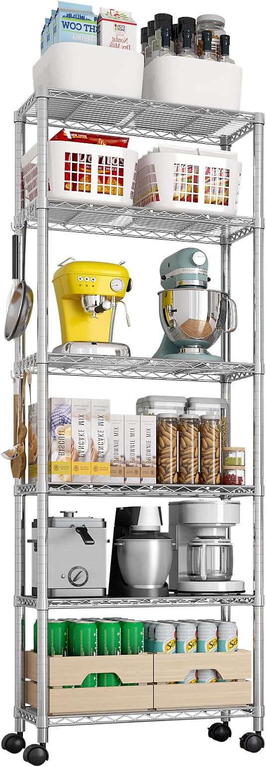 6 Tier Storage Racks Shelving, Heavy Steel Pantry Shelves, Adjustable Wire Shelving Rack with Wheels, Suitable for Garage, Kitchens, Offices, 24" W x 14" D x 72" H, Grey Silver