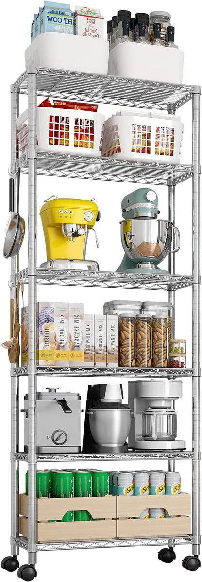6 Tier Storage Racks Shelving, Heavy Steel Pantry Shelves, Adjustable Wire Shelving Rack with Wheels, Suitable for Garage, Kitchens, Offices, 24" W x 14" D x 72" H, Grey Silver