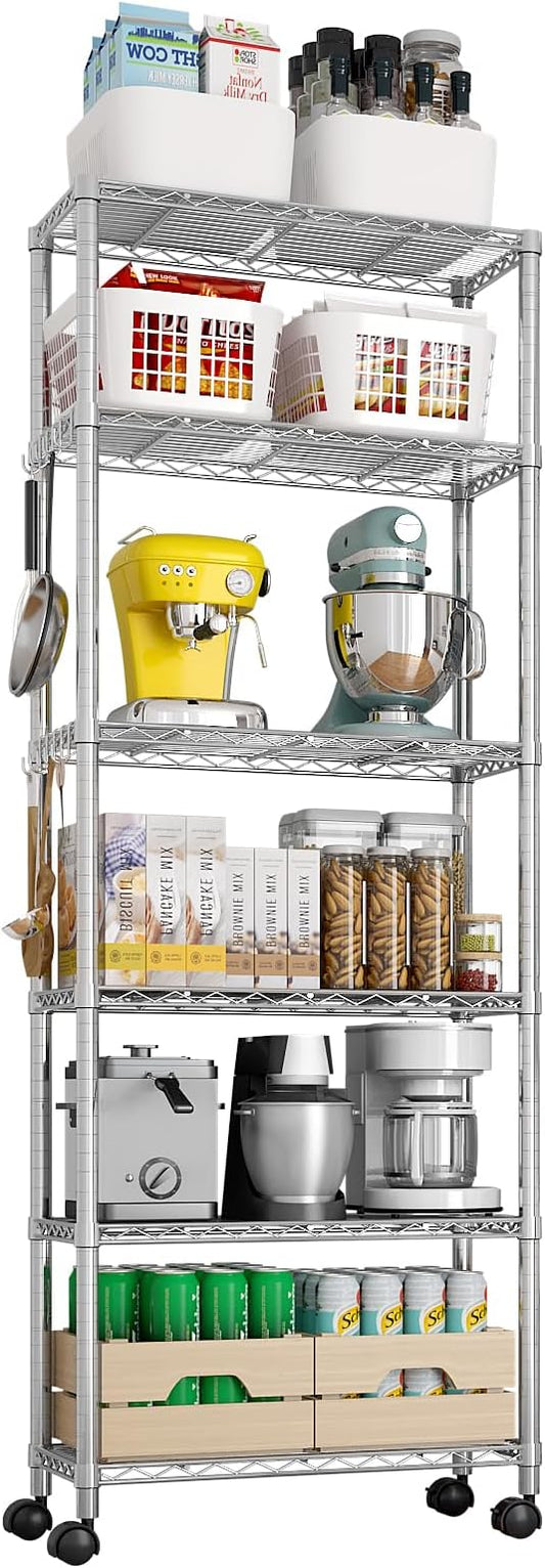 6 Tier Storage Racks Shelving, Heavy Steel Pantry Shelves, Adjustable Wire Shelving Rack with Wheels, Suitable for Garage, Kitchens, Offices, 24" W x 14" D x 72" H, Grey Silver