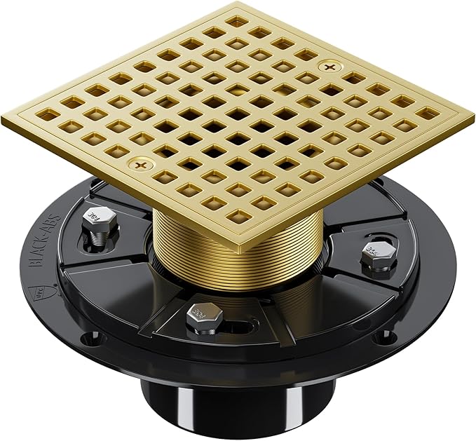 Brushed Gold Shower Drain 4-1/4 Inch - Square Shower Floor Drain Kit with ABS Flange for 2" or 3" Pipe, Drain with Hair Strainer,Removable Strainer Cover,SUS304 Stainless Steel & CUPC Certified