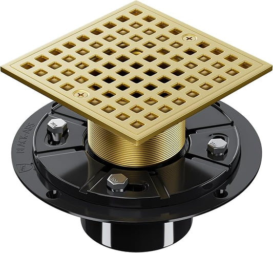 Brushed Gold Shower Drain 4-1/4 Inch - Square Shower Floor Drain Kit with ABS Flange for 2" or 3" Pipe, Drain with Hair Strainer,Removable Strainer Cover,SUS304 Stainless Steel & CUPC Certified