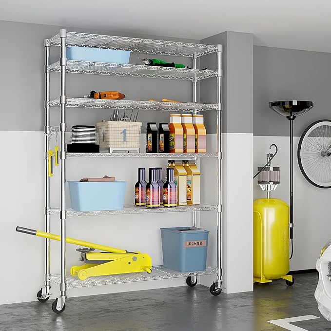6 Tier Storage Racks Shelving, Heavy Steel Pantry Shelves, Adjustable Wire Shelving Rack with Wheels, Suitable for Garage, Kitchen, Bathroom, Office, 46" W x 18" D x 82" H, Chrome